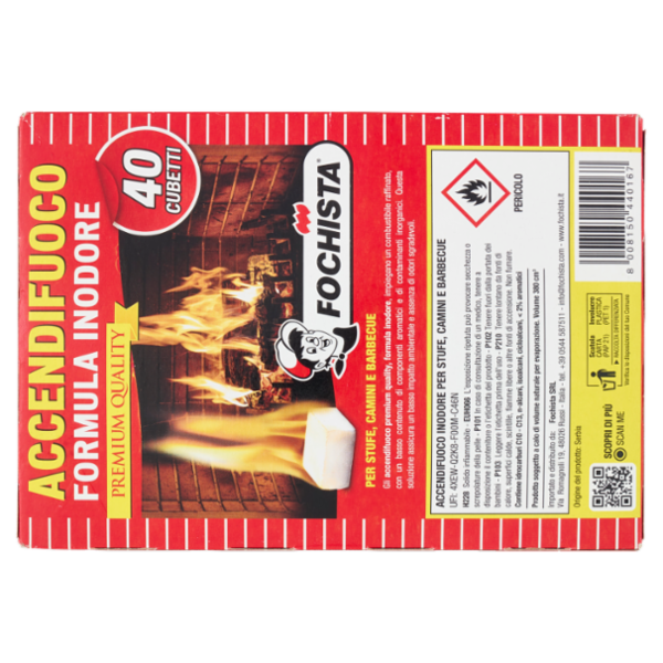 Fochista Accendifuoco Formula Inodore Premium Quality per Stufe, Camini e Barbecue Cubetti 40 pz