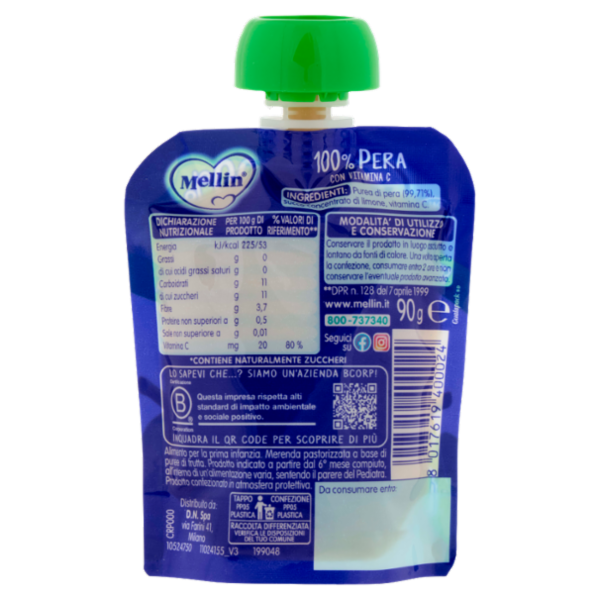 MELLIN Merenda di Frutta 100% con Vitamina C, Pera, a partire dal 6° mese, Pouch 90 g