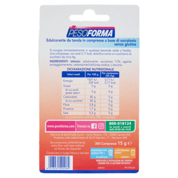 Pesoforma, Dolcificante in Compresse, Zero Calorie, Senza Glutine, Senza Aspartame, 300 x 50 mg