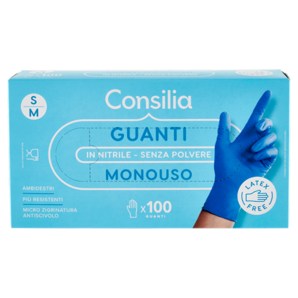 Consilia Guanti Monouso in Nitrile Senza Polvere Taglia S/M 100 pz