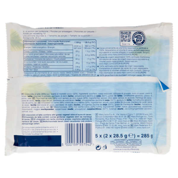 Bounty Snack di Cioccolato al Latte Ripiena al Cocco, Multipack da 5 x 57g