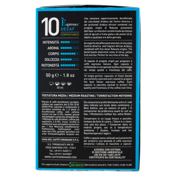 Caffè Vergnano 1882 Èspresso1882 Decaf Compostabile** Capsule Compatibili Nespresso* 10 x 5 g