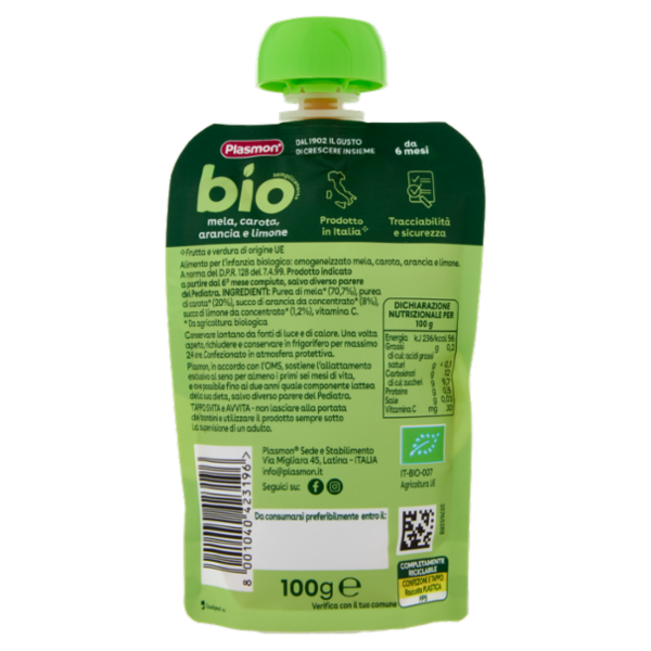 Plasmon semplicemente bio mela, carota, arancia e limone 100 g