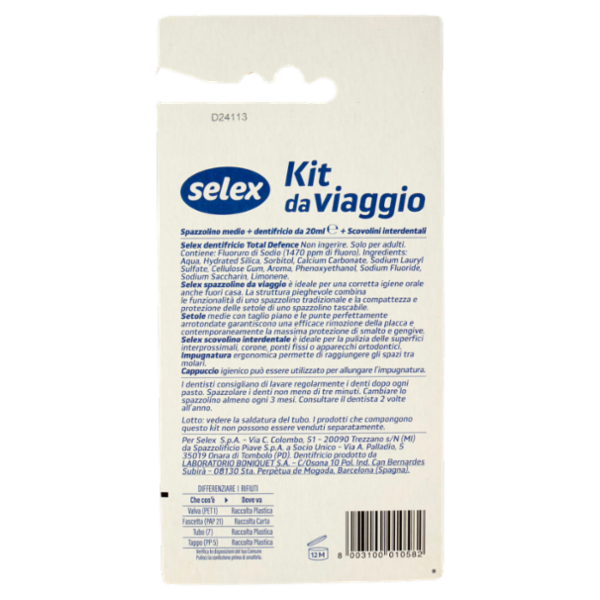 Selex Kit Igiene Orale Dentifricio, Spazzolino Medio e Scovolino