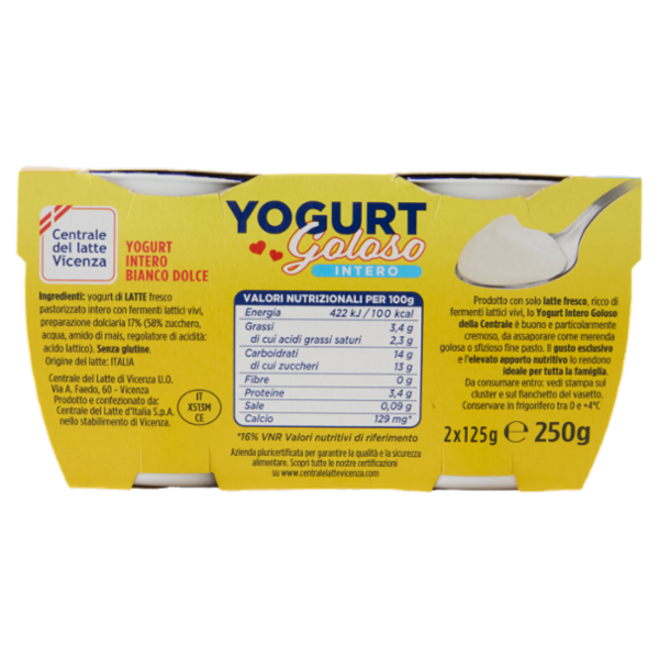 Centrale del latte Vicenza Yogurt Goloso Intero Bianco Dolce 2 x 125 g