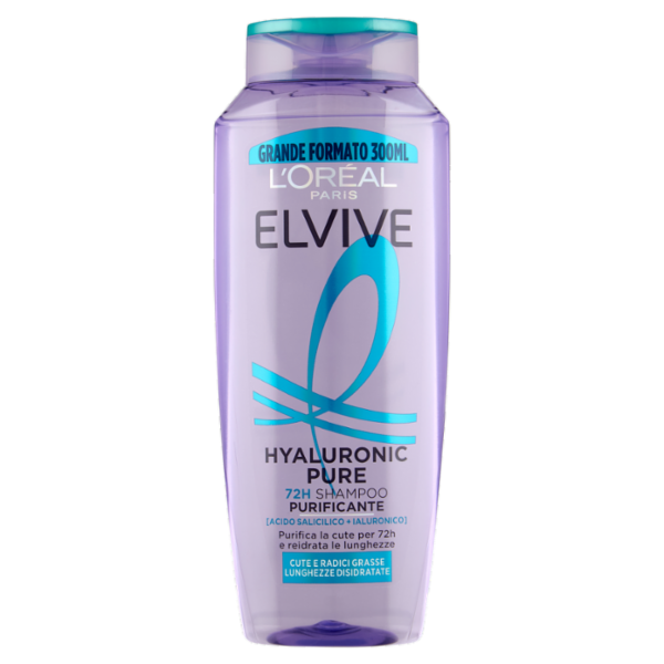 Elvive Hyaluronic Pure 72H Shampoo Purificante, per Cute e Radici Grasse, 300 ml