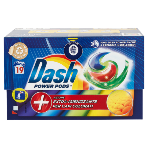 Dash Power Pods Detersivo Lavatrice Capsule, Azione Extra-Igienizzante Colorati, 19 Lavaggi 488,3 g