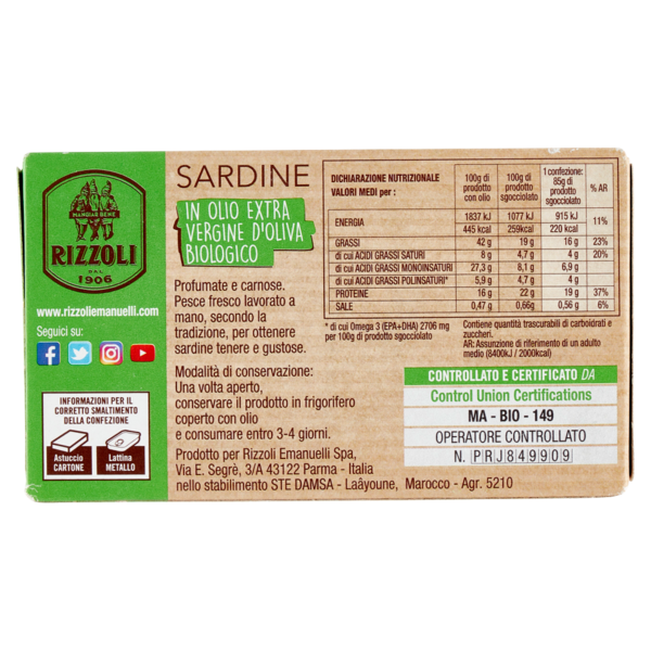Rizzoli Sardine in Olio Extra Vergine d'Oliva Biologico 120 g