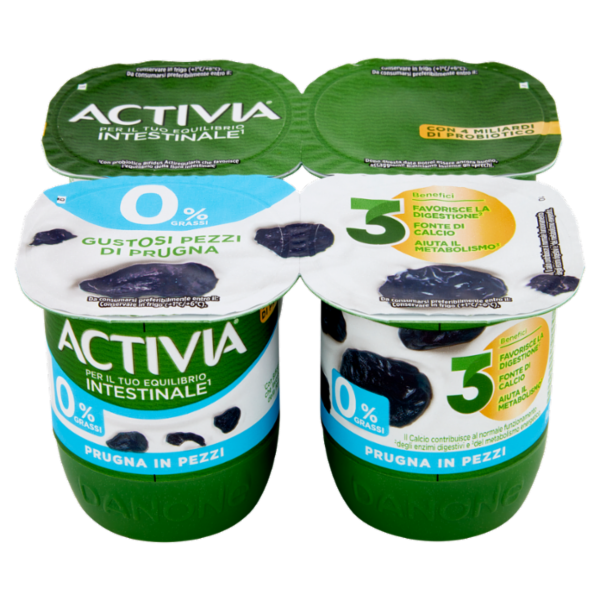 ACTIVIA Yogurt con Probiotico Bifidus, 0% Grassi, gusto Prugna, 4x125g