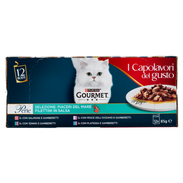 PURINA GOURMET Perle Piaceri del Mare Filettini in Salsa Salmone,Pesce Oceano,Tonno,Platessa 12x85g