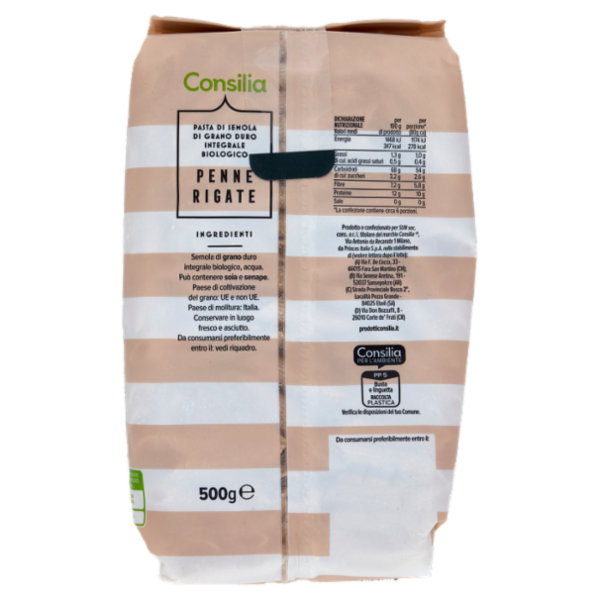Consilia Pasta di Semola Integrale Penne Rigate Biologiche 500 g