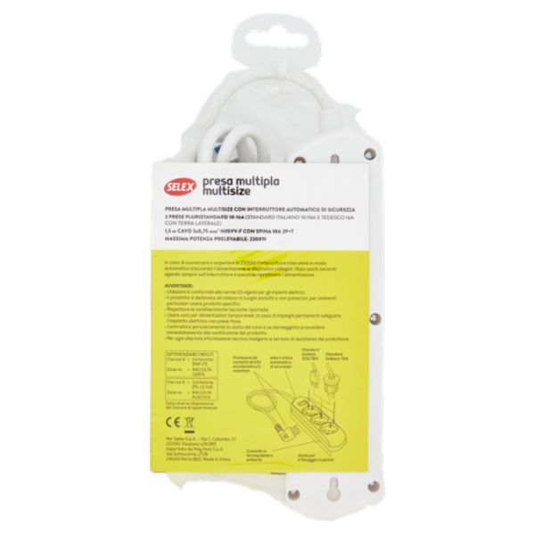 Selex Presa Multipla 3 uscite pluristandard 10/16A Inter.Sicurezza+Cavo 1,5m Sp. S/Spazio 90° Bianco