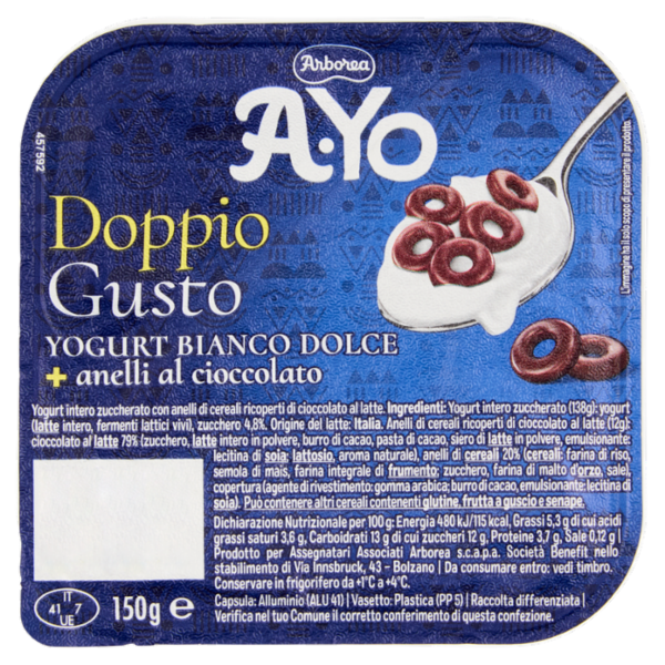 Arborea A-Yo Doppio Gusto Yogurt Bianco Dolce + anelli al cioccolato 150 g
