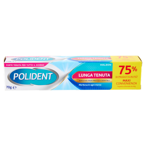 Polident Lunga Tenuta, Adesivo per Protesi Dentale, 12 Ore di Tenuta, Gusto Menta Delicata, 70 g
