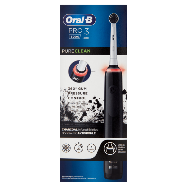 Oral-B Power Spazzolino Elettrico Ricaricabile Pro3 3000 Pure Clean Nero con Setole Carbone