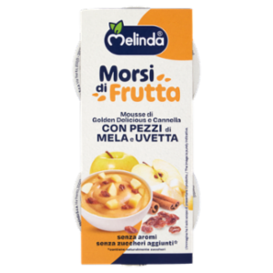 Melinda Morsi Di Frutta Mousse Di Golden Delicious e Cannella Con Pezzi Di Mela e Uvetta 2 x 100 g