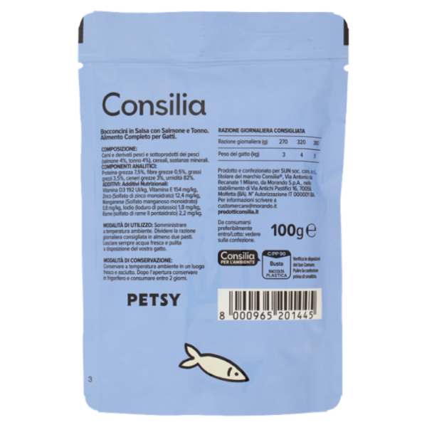 Consilia Petsy Gatto Bocconcini in salsa con Salmone e Tonno 100 g