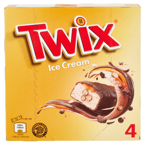 Twix Barretta Gelato con biscotto ricoperto di cioccolato al latte, Multipack da 4 x 34.2 g
