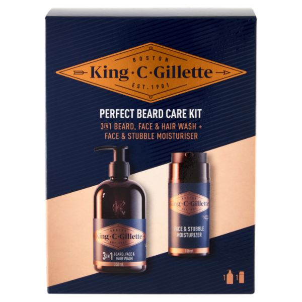 King C Gillette Perfect Beard Care Kit Detergente Barba, Viso e Capelli 350ml, Crema Idratante 100ml