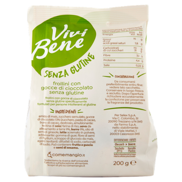 Vivi Bene Senza Glutine Frollini con Gocce di Cioccolato Senza Glutine 200 g