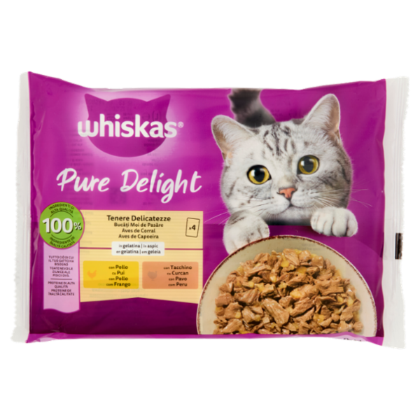 Whiskas Pure Delight Cibo Umido Gatto Tenere Delicatezze in Gelatina con Pollo e Tacchino 4x85g