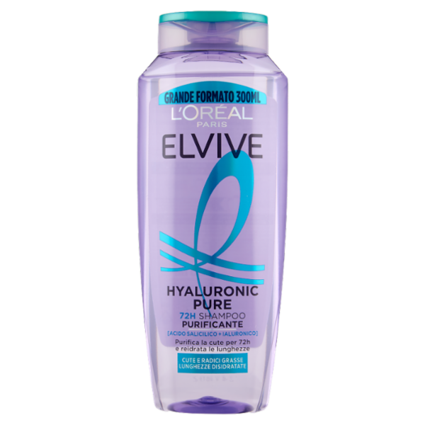 Elvive Hyaluronic Pure 72H Shampoo Purificante, per Cute e Radici Grasse, 300 ml