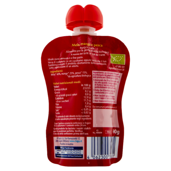 HiPP Biologico Frutta Frullata Mela, mango e pesca 90 g
