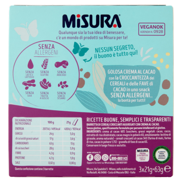 Misura Liberidì Snack al Cacao con Cereali e Fave di Cacao 3 x 21 g