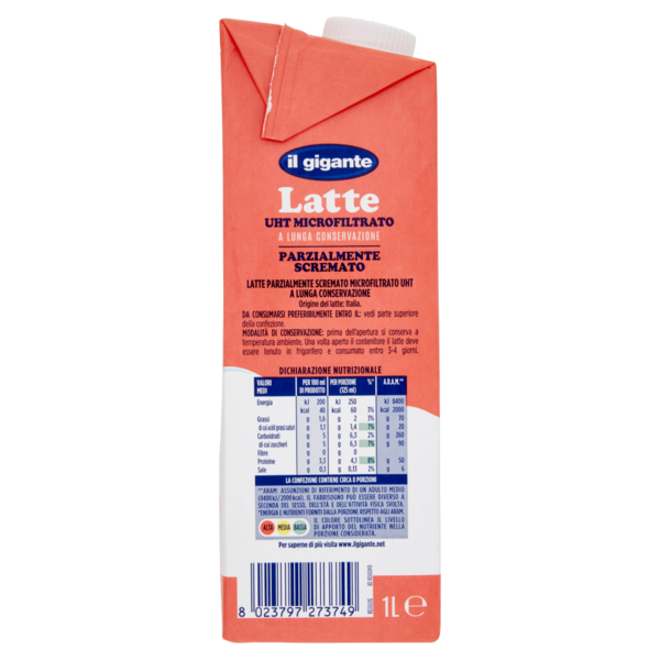IL GIGANTE Latte UHT Microfiltrato a Lunga Conservazione Parzialmente Scremato 1 L