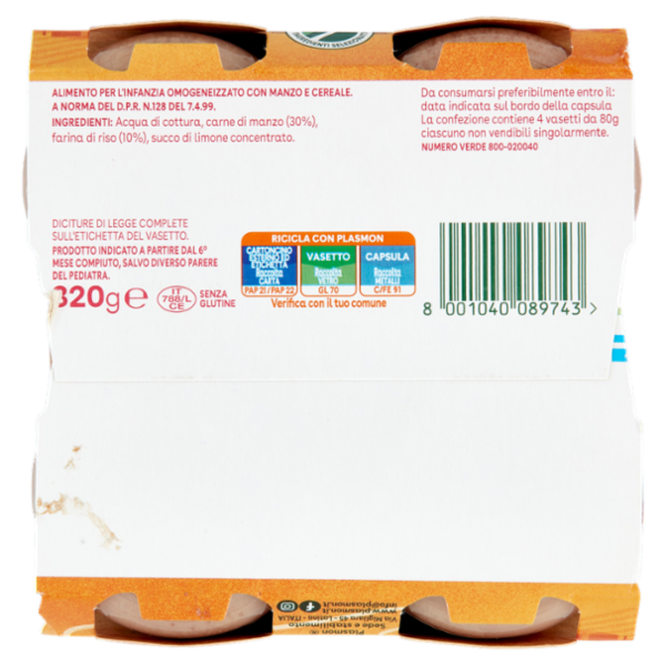 Plasmon Omogeneizzato Manzo con cereale 4 x 80 g