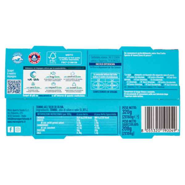 Mare Aperto Tonno, Olio di oliva e un Pizzico di Sale 2 x 160 g