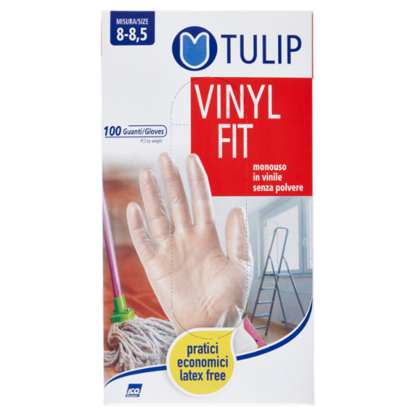Tulip Vinyl Fit Guanti monouso in vinile senza polvere Misura 8-8,5 100 pz