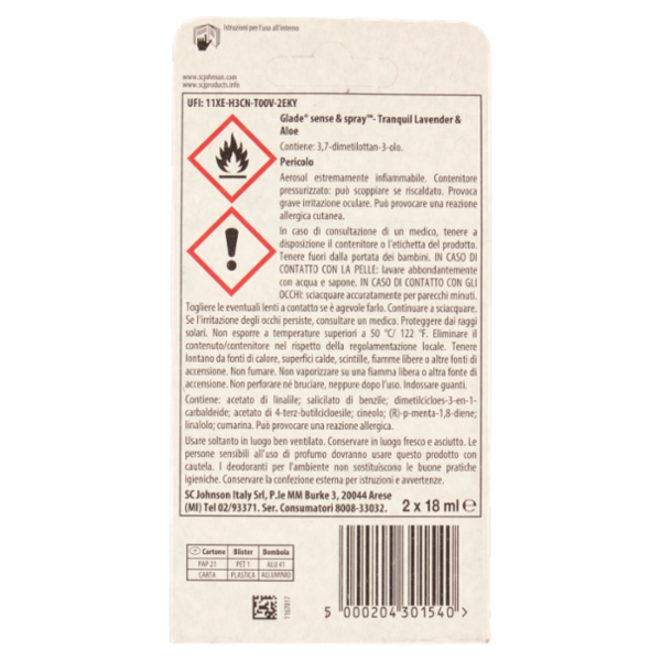 Glade Sense&Spray Doppia Ricarica, Profumatore Ambienti con Sensore, Tranquil Lavender & Aloe 2x18ml