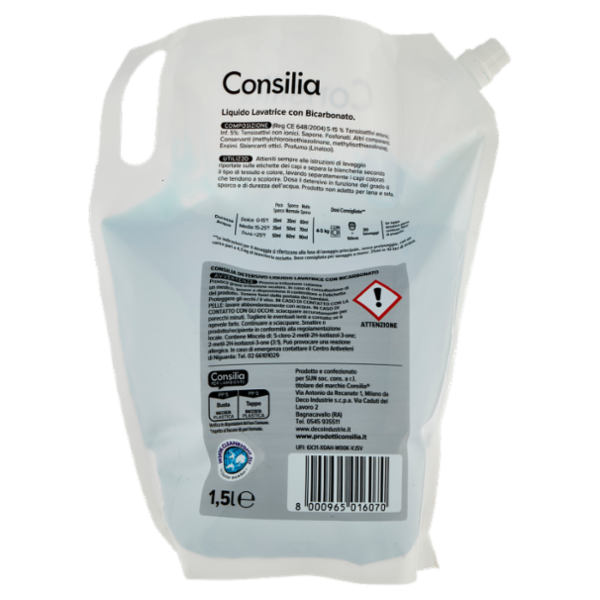 Consilia Detersivo per Lavatrice Liquido con Bicarbonato 30 Lavaggi 1,5 L