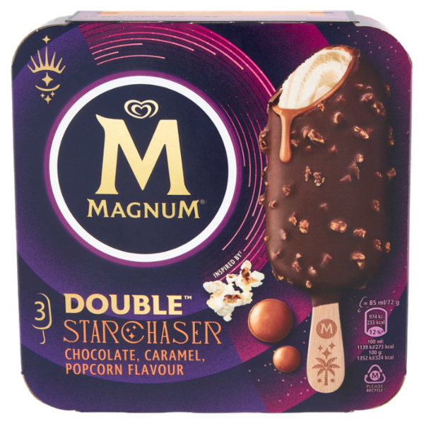 Magnum Double Starchaser Chocolate, Caramel, Popcorn Flavour 3 x 72 g