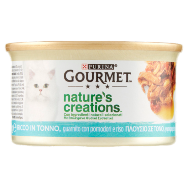PURINA GOURMET Nature's Creations Ricco in Tonno guarnito con pomodori e riso 85g