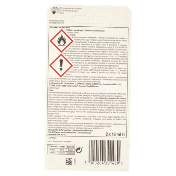 Glade Sense&Spray Doppia Ricarica, Profumatore Ambienti con Sensore, Romantic Vanilla Blossom 2x18ml