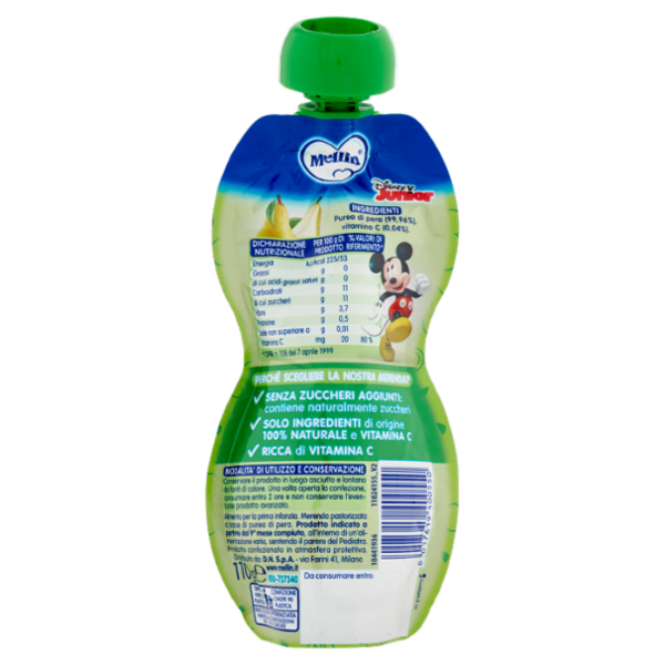 MELLIN Merenda alla frutta, linea Disney Mickey Mouse 100% Pera 110g