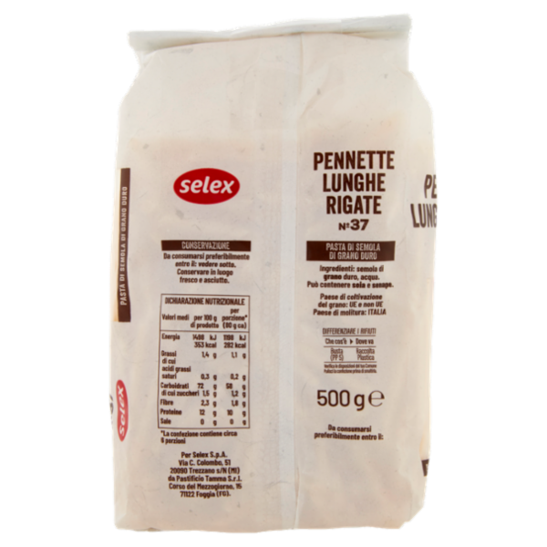 Selex Pasta di Semola Trafilata al Bronzo Pennette Lunghe Rigate 500 g