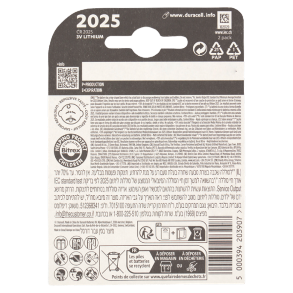 Duracell 2025 Batteria Bottone al Litio Specialistica 3V pacco da 2 pile con Tecnologia Baby Secure