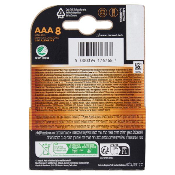 Duracell Plus AAA 8 Mini Stilo / Micro Alcalina 1.5V MN2400 8 pz