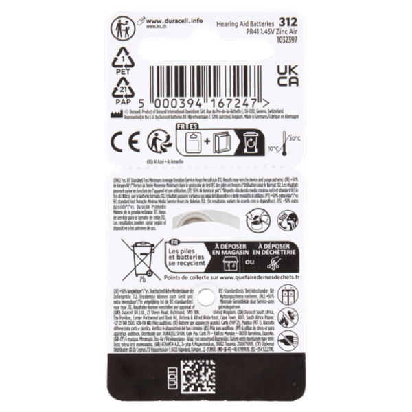 Duracell Hearing Aid Batteries 312 PR41 1.45V Marrone 6 pz