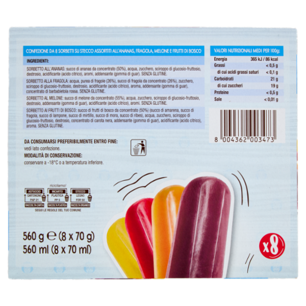 indianino Sorbetti su stecco assortiti all'Ananas, Fragola, Melone e Frutti di Bosco 8 x 70 g