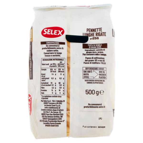 Selex Pasta di Semola Trafilata al Bronzo Pennette Lunghe Rigate 500 g