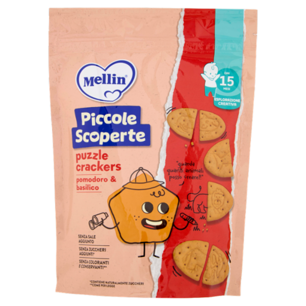 MELLIN Puzzle Crackers, Pomodoro e Basilico, Senza Sale e Zuccheri, adatto dai 15 mesi, 105g