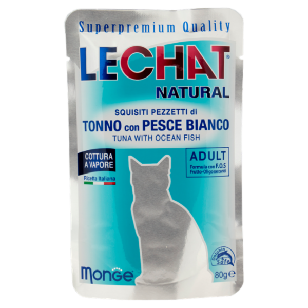 LeChat Natural Squisiti Pezzetti di Tonno con Pesce Bianco 80 g