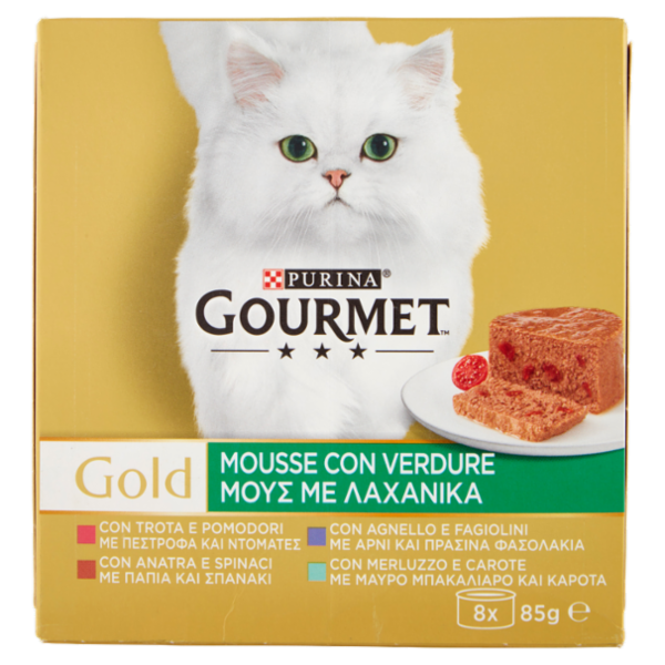 PURINA GOURMET Gold Mousse Verdure Trota&Pom/Anatra&Spinaci/Agnello&Fagiolini/Merluzzo&Carote 8x85g