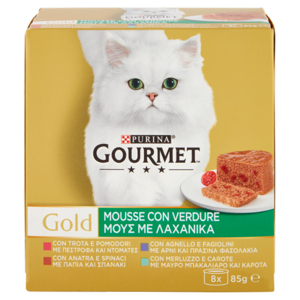 PURINA GOURMET Gold Mousse Verdure Trota&Pom/Anatra&Spinaci/Agnello&Fagiolini/Merluzzo&Carote 8x85g
