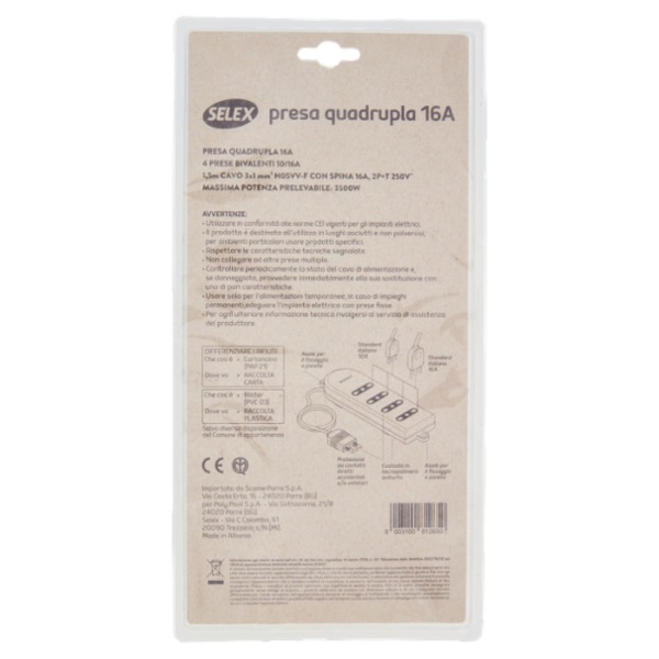 Selex Presa Multipla 4 Uscite Bivalenti + Spina 16A e Cavo Bianco 1,5 m