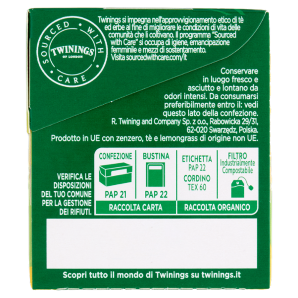 Twinings Zenzero e Lemongrass Tè Verde aromatizzato Antiossidante e Digestivo 20 filtri The 40 g